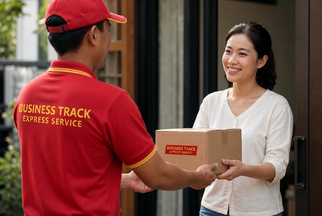 Business Track E.S Courier & Cargo courier handing a branded parcel to a customer at the door