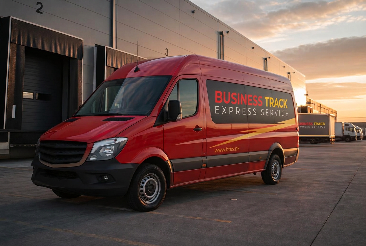 Business Track E.S Courier & Cargo branded red delivery van being loaded with parcels