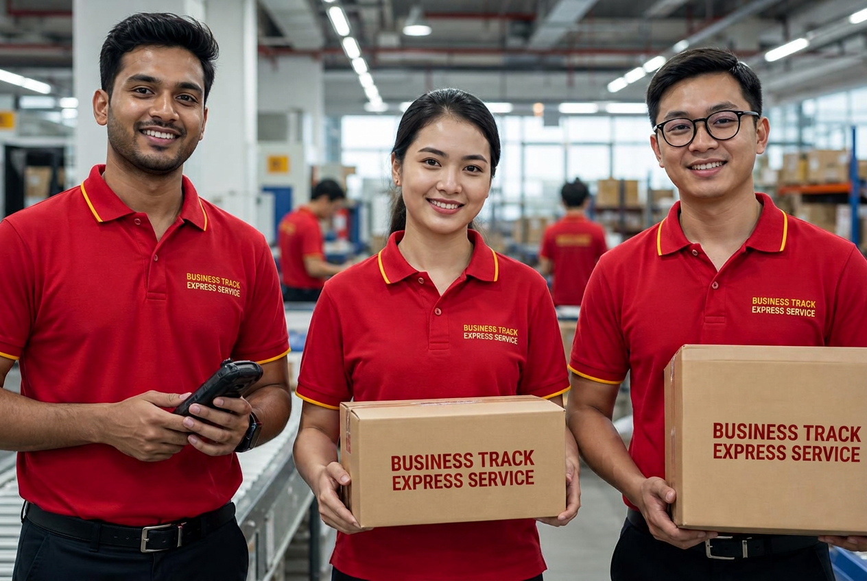 Business Track E.S Courier & Cargo warehouse workers in branded uniforms scanning and sorting parcels