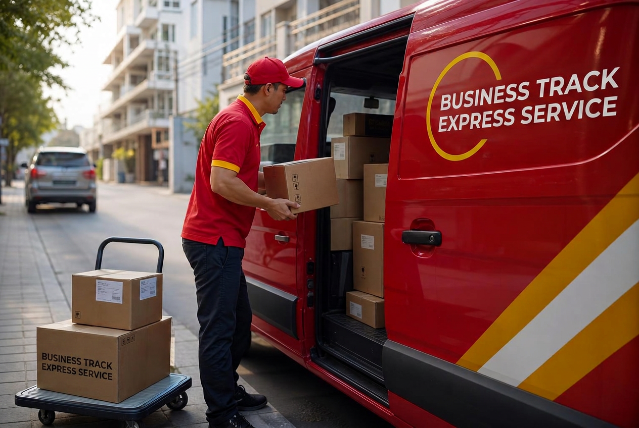 Business Track E.S Courier & Cargo courier handing a parcel to a customer at their door