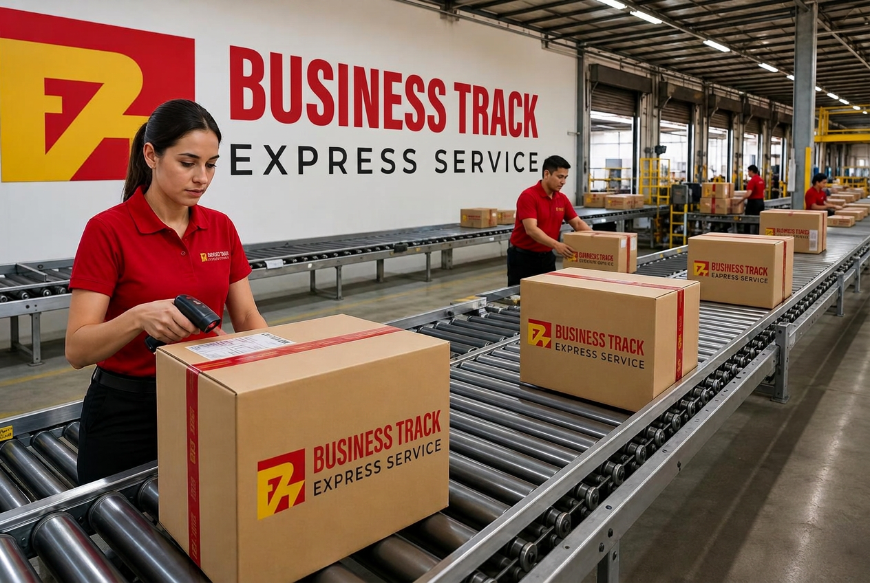 Warehouse team scanning and sorting parcels on a conveyor belt